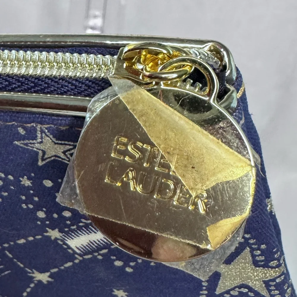 Estée Lauder Makeup Bag Cosmetic Pouch Navy Gold Star Lipstick Print Zip Clutch - Picture 2 of 5
